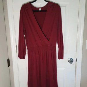 Waist-Defined Long Sleeve Burgundy Dress